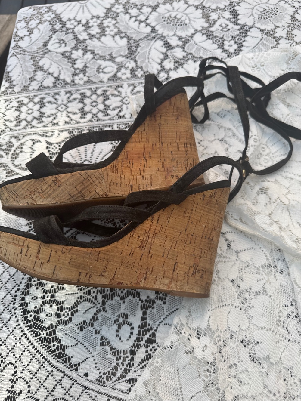 GUESS Black Suede Cork Wedge Sandals with Ankle Wrap